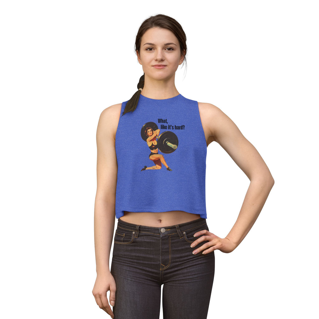 Women’s Crop Top — Vintage Pinup Weightlifting Design “What, like it’s hard?”