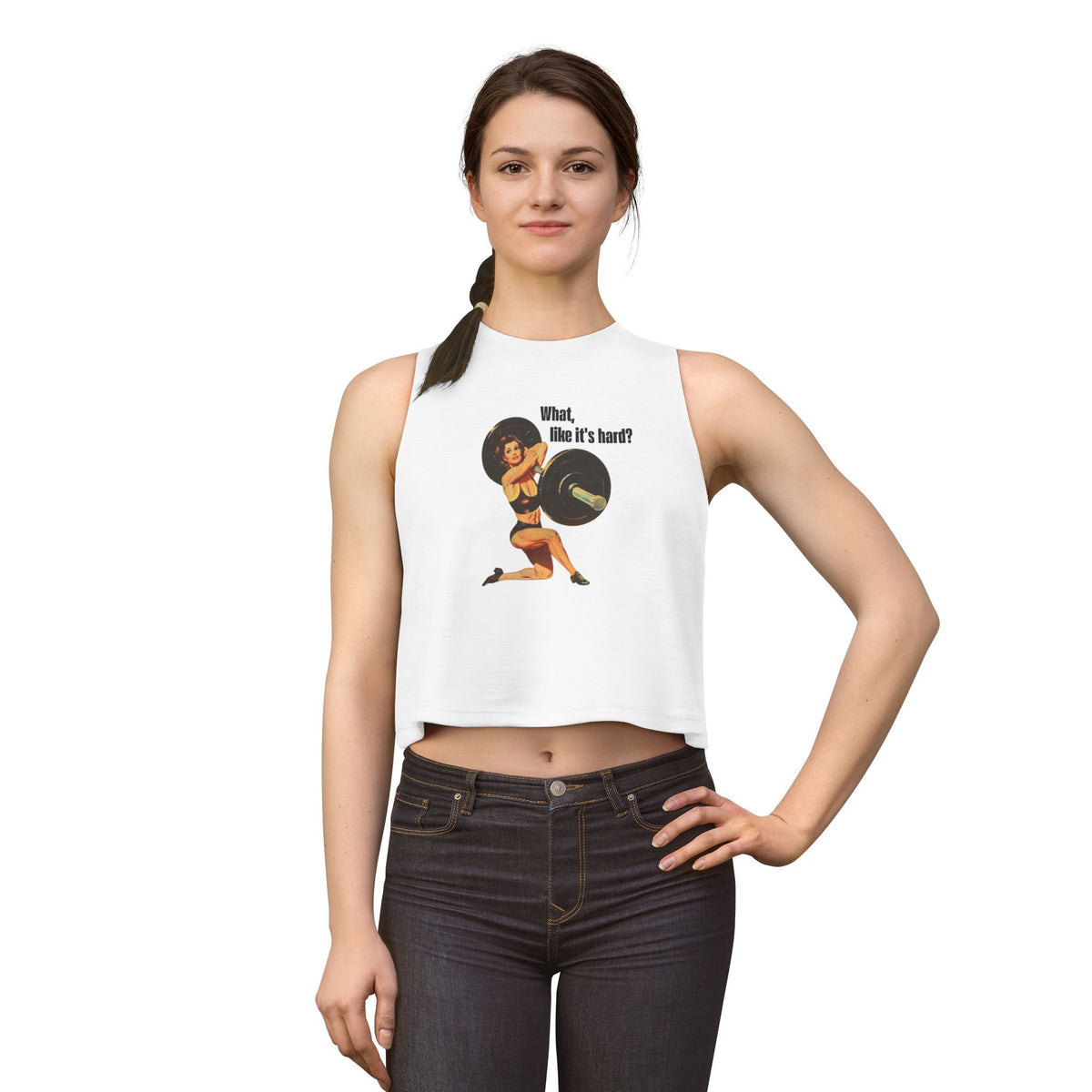 Women’s Crop Top — Vintage Pinup Weightlifting Design “What, like it’s hard?”