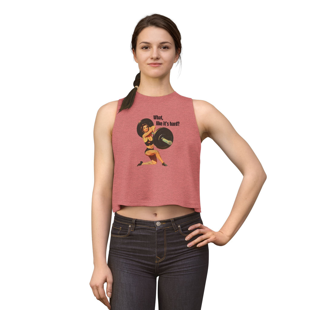 Women’s Crop Top — Vintage Pinup Weightlifting Design “What, like it’s hard?”