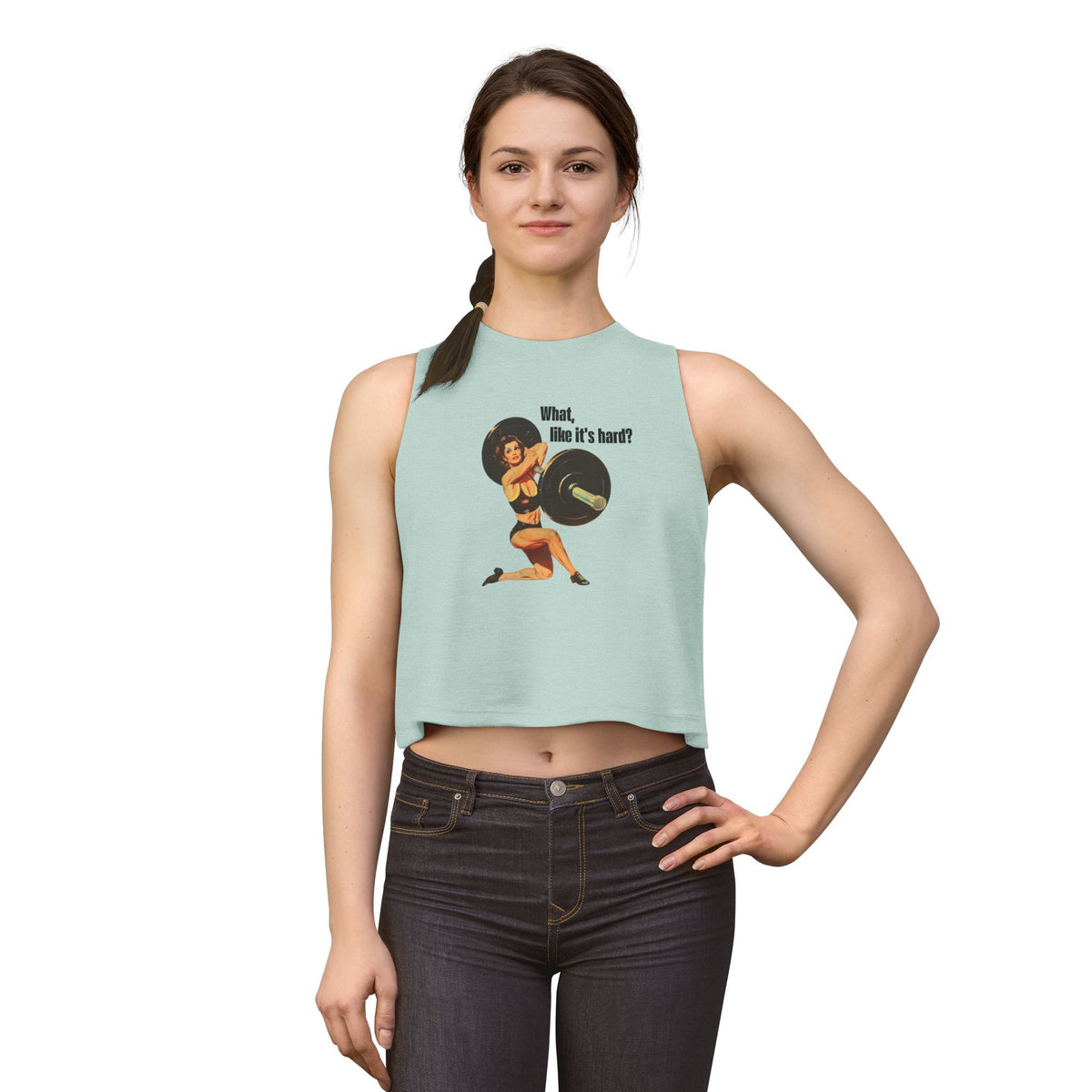 Women’s Crop Top — Vintage Pinup Weightlifting Design “What, like it’s hard?”