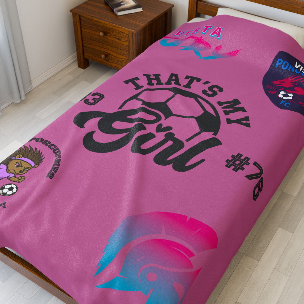 That’s My Girl Soccer Plush Blanket — Personalized Team Logo & Number, Pink Velveteen Throw