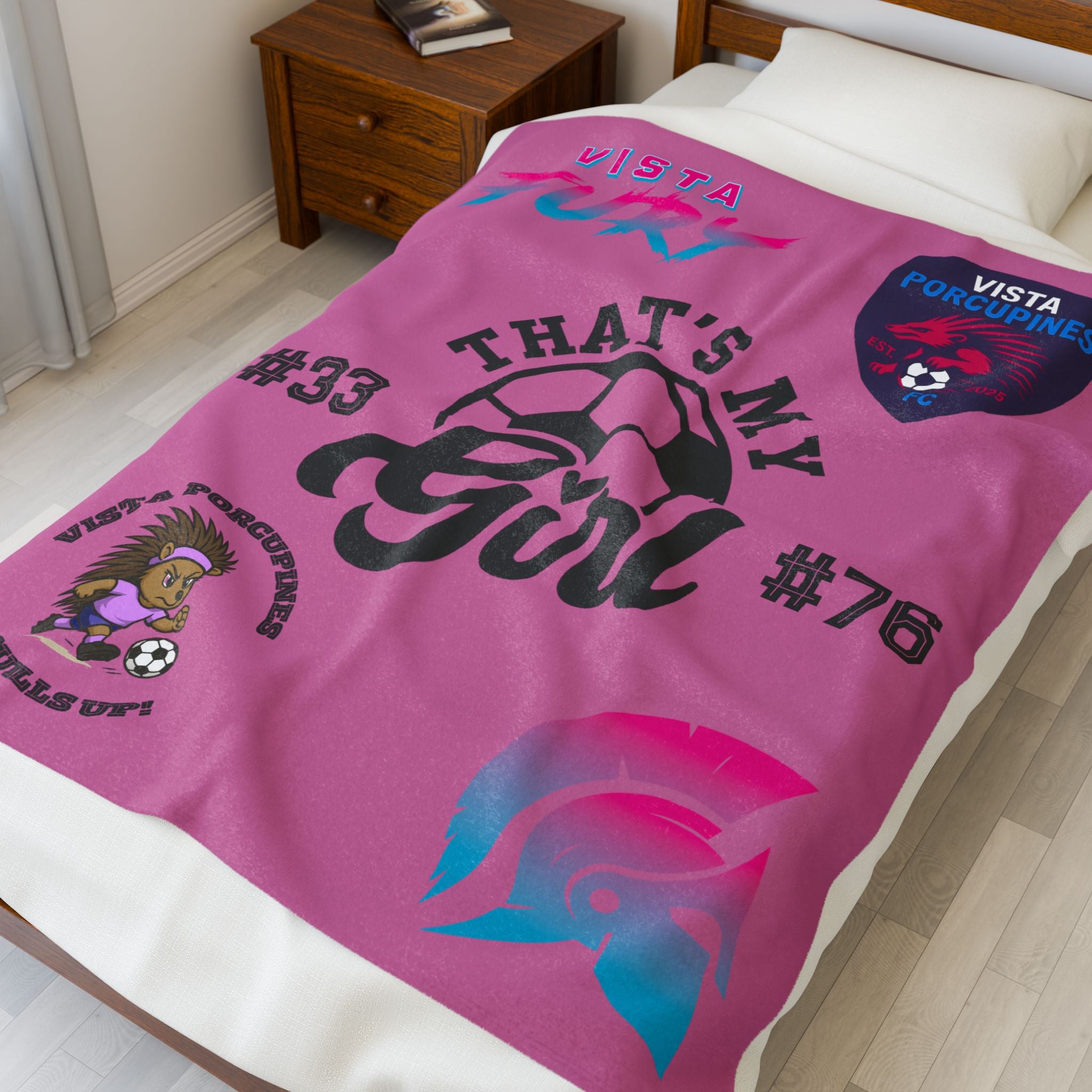 That’s My Girl Soccer Plush Blanket — Personalized Team Logo & Number, Pink Velveteen Throw