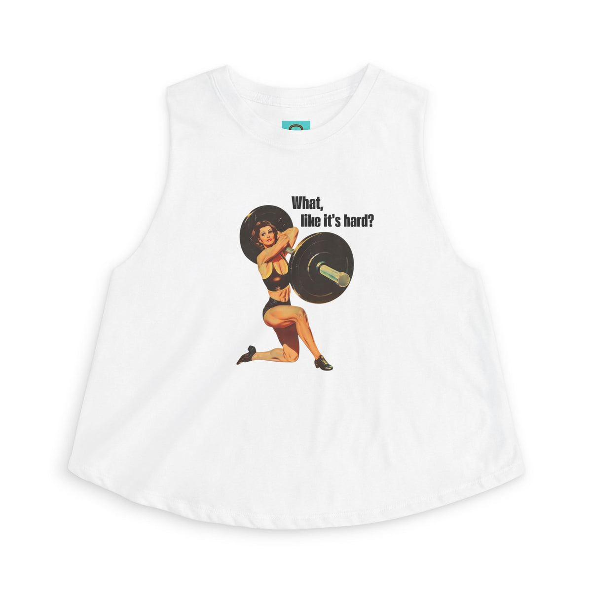 Women’s Crop Top — Vintage Pinup Weightlifting Design “What, like it’s hard?”