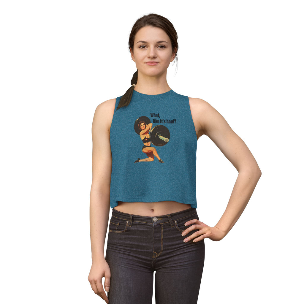Women’s Crop Top — Vintage Pinup Weightlifting Design “What, like it’s hard?”